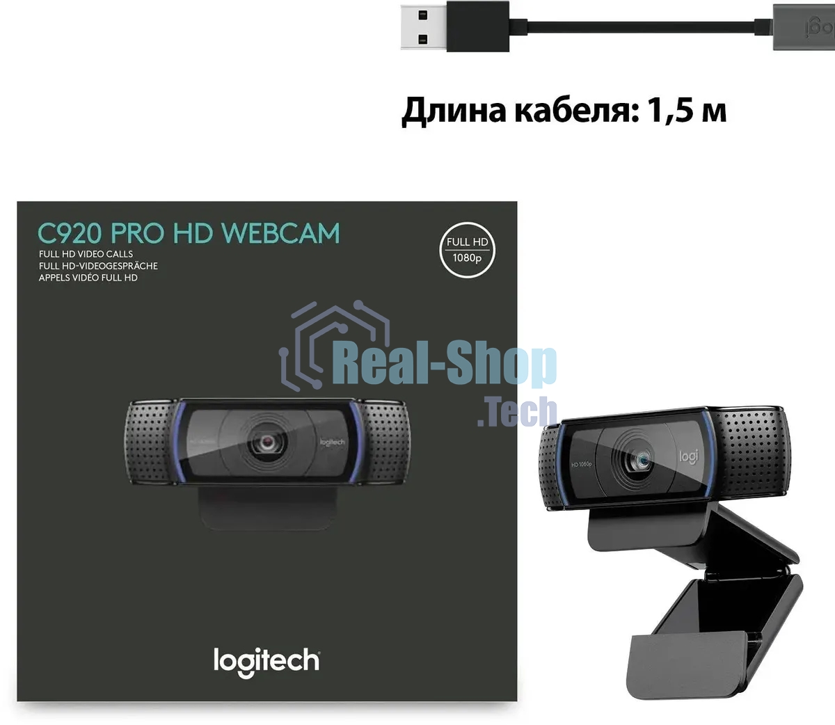 Веб-камера Logitech C920 HD Pro Webcam (Full HD 1080p/30fps, автофокус, угол обзора 78°, стереомикрофон, кабель 1.5м) (арт. 960-000998, M/N: VU0062)