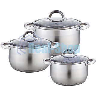 Набор посуды WEBBER BE-617/6 из нерж.стали 6 пр. 2,9л, 5,1л, 6,6л со стеклянными крышками В наборе 6 предметов: кастрюля со стеклянной крышкой 18х11,5см; 2,9л кастрюля со стеклянной крышкой 22х13,5см; 5,1л кастрюля со стеклянной крышкой 24х14,5см; 6,6л Толщина стали 0,5 мм