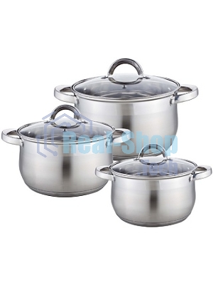 Набор посуды WEBBER BE-617/6 из нерж.стали 6 пр. 2,9л, 5,1л, 6,6л со стеклянными крышками В наборе 6 предметов: кастрюля со стеклянной крышкой 18х11,5см; 2,9л кастрюля со стеклянной крышкой 22х13,5см; 5,1л кастрюля со стеклянной крышкой 24х14,5см; 6,6л Толщина стали 0,5 мм