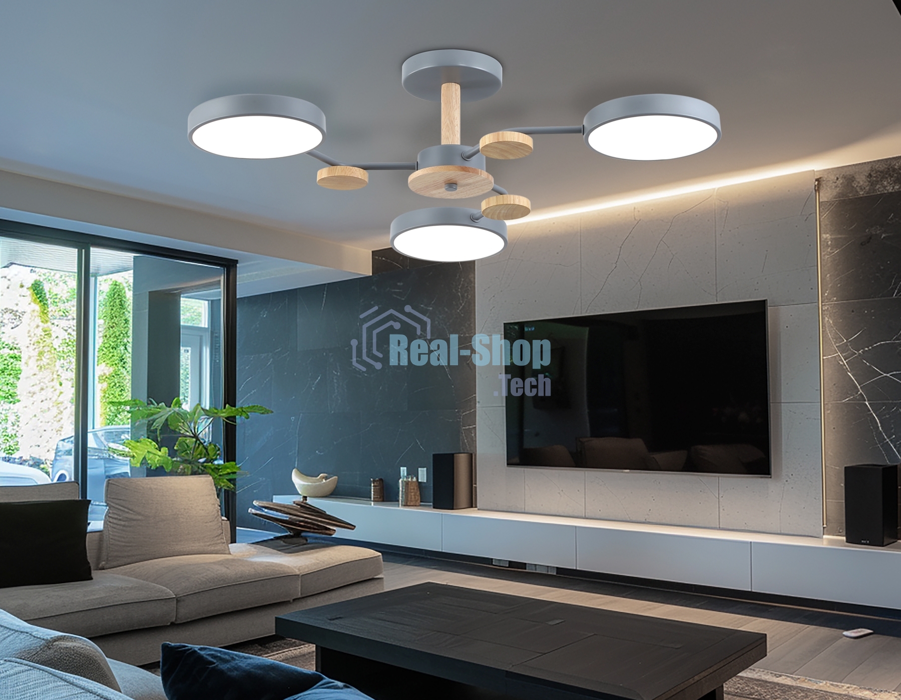 Светильник Ambrella light FL4856/3 GR/WD серый/дерево 54W 3000-6000K D660*170 (без ПДУ)