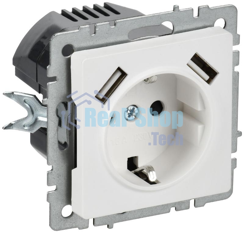 Розетка IEK BR-R14-16-U21-D21-K91 BRITE РЮш10-1-БрАБ 16А с USB A+A 2.1А с заземл. защ. шторки механизм арктич. бел.