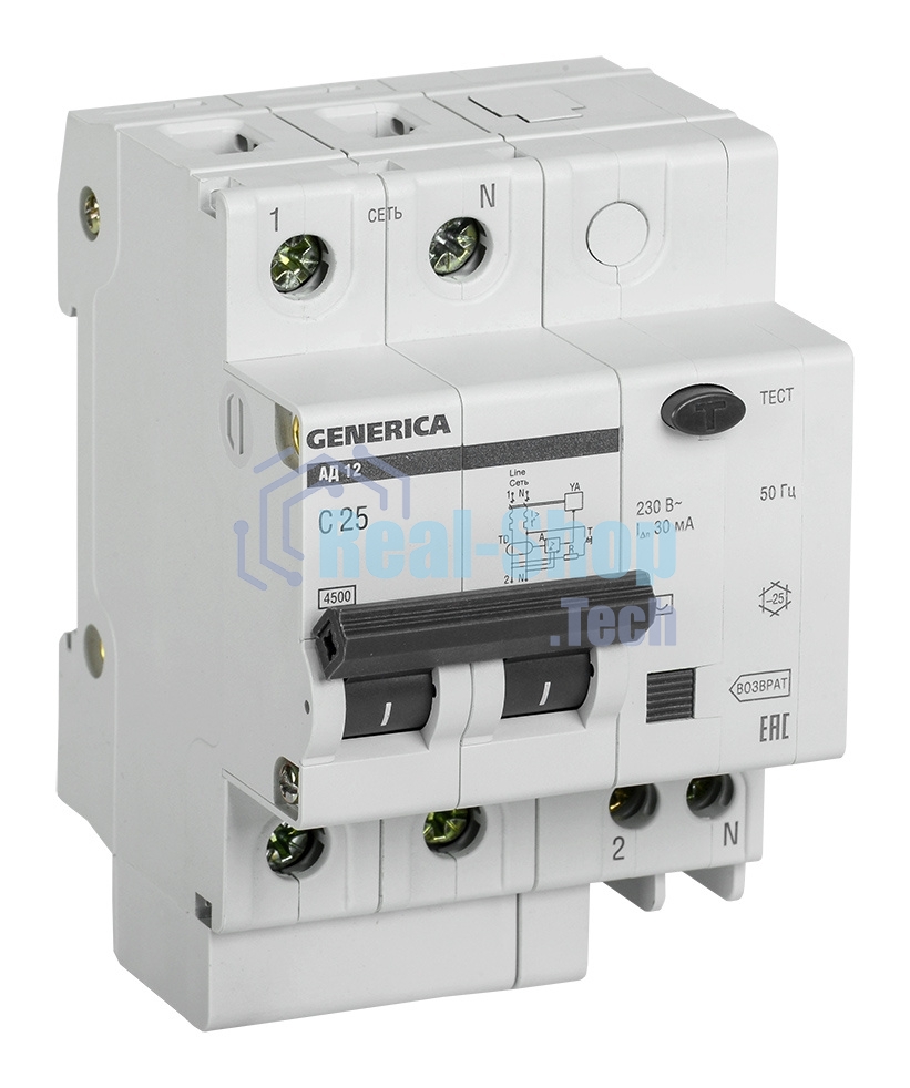 Выключатель автоматический дифференциального тока 2п 25А 30мА АД12 GENERICA ИЭК MAD15-2-025-C-030