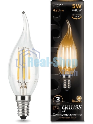 Лампа светодиодная филаментная Gauss Filament 5Вт цок.: E14 свеча 220B 2700K св. свеч. белый теп. (упак.: 10 шт)