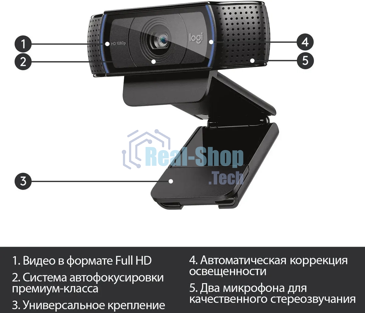 Веб-камера Logitech C920 HD Pro Webcam (Full HD 1080p/30fps, автофокус, угол обзора 78°, стереомикрофон, кабель 1.5м) (арт. 960-000998, M/N: VU0062)