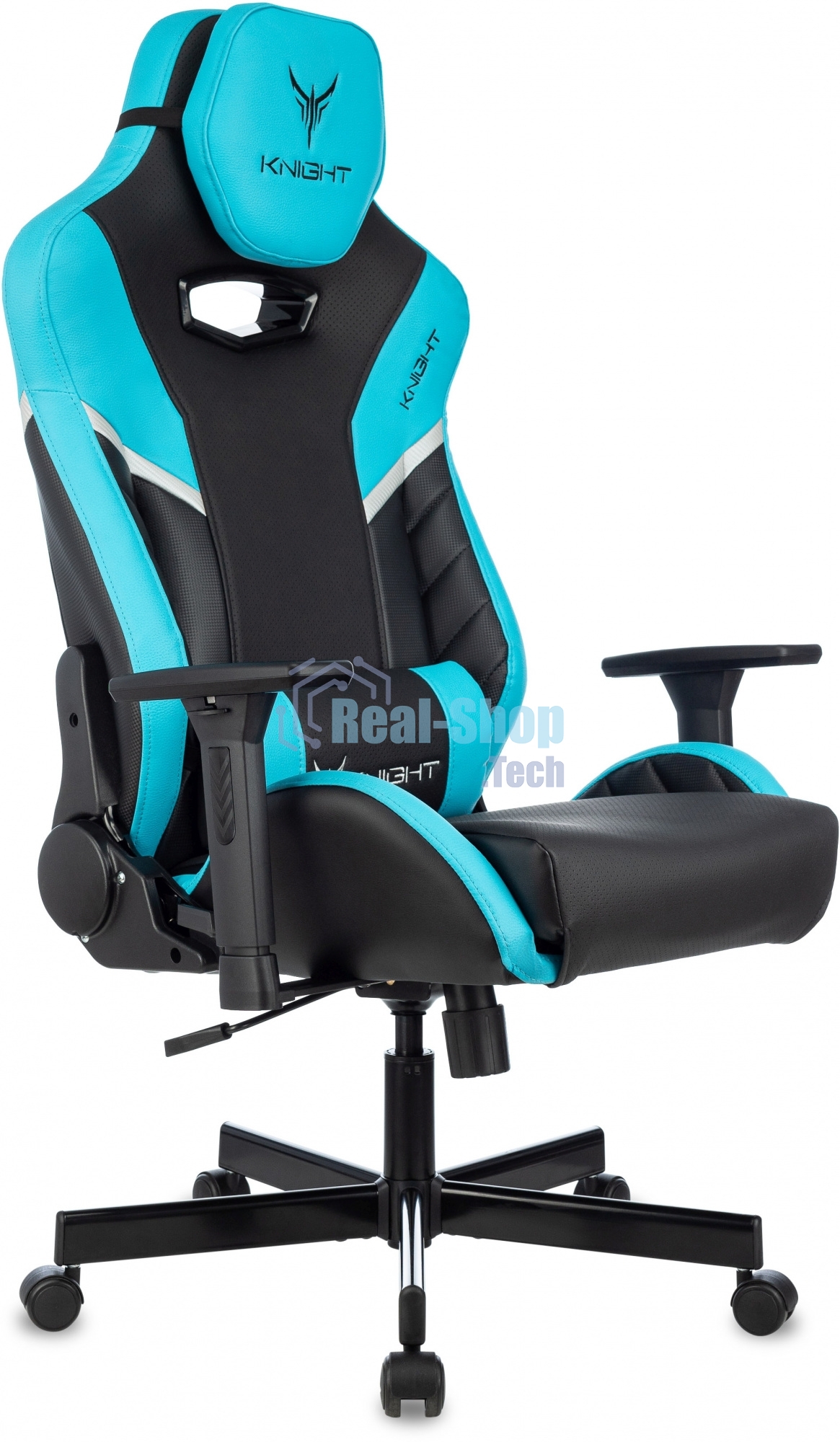 Кресло игровое Knight Thunder 5X черный/голубой эко.кожа крестов. металл