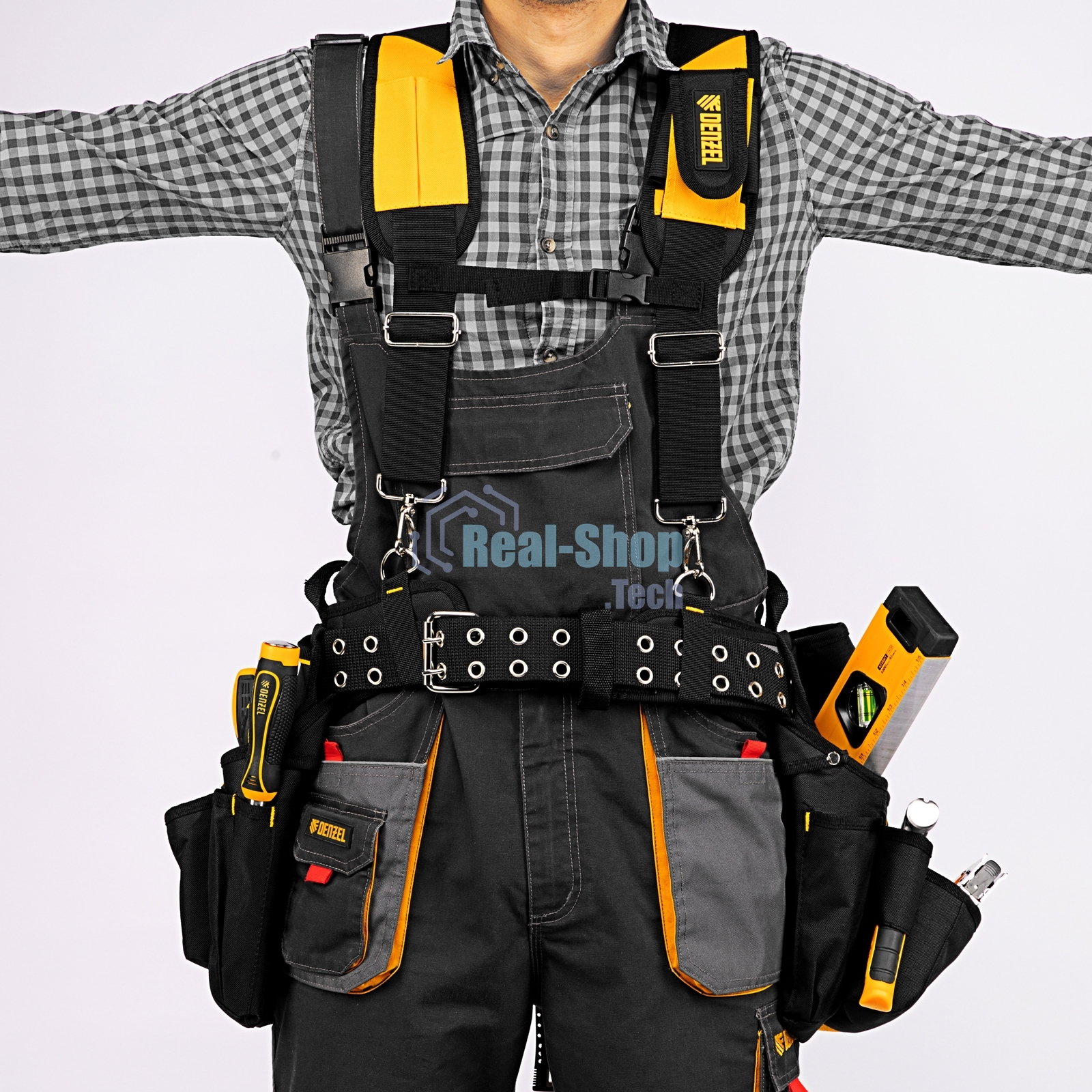 Пояс монтажника усиленный Denzel с лямками, сумки поясные, держатель для молотка