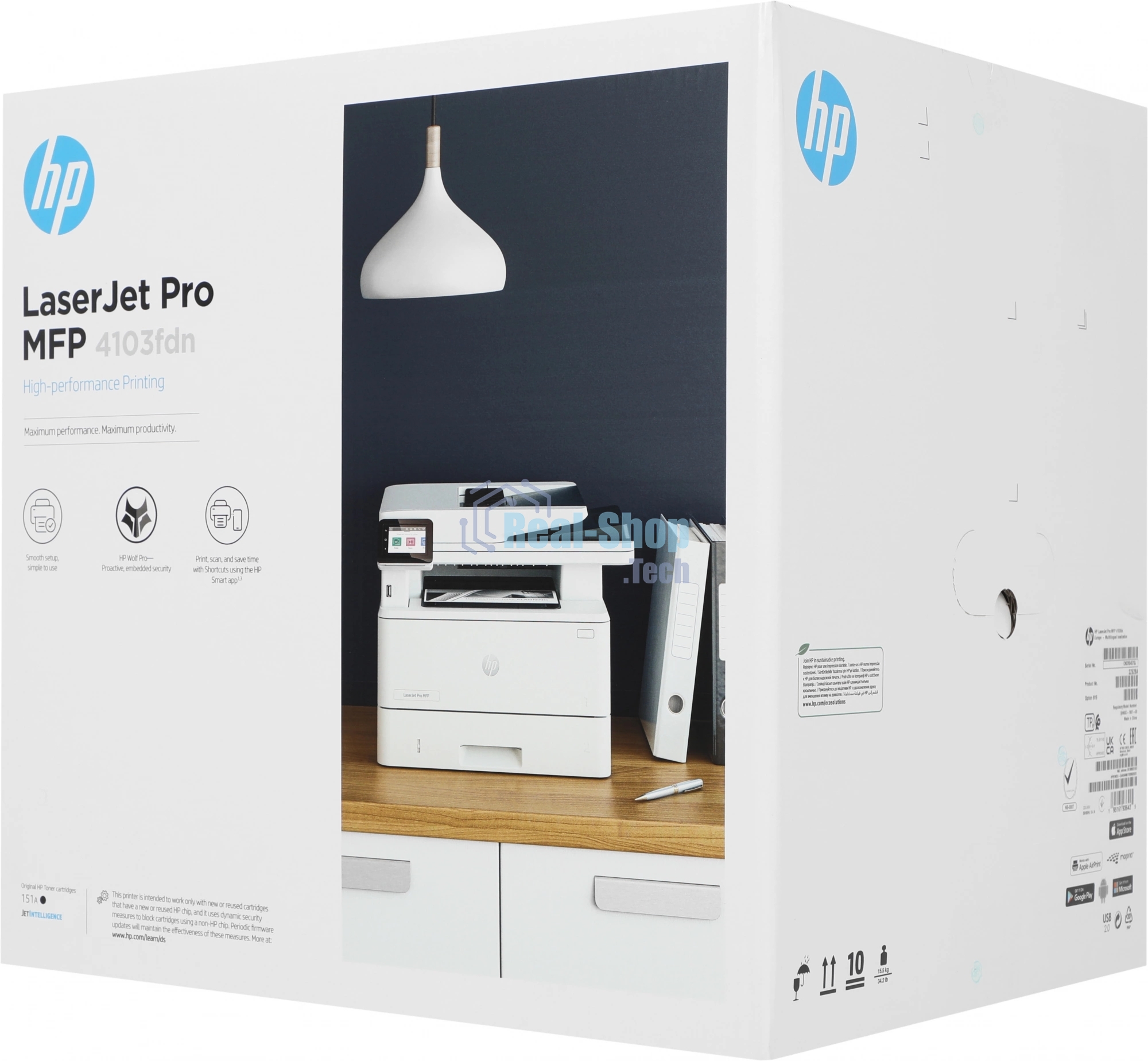 МФУ лазерное HP LaserJet Pro 4103fdn (2Z628A), A4, ч/б, печ. до 40 стр/мин., скан. до 29 стр/мин. (ч/б) 20 стр/мин. (цвет), 1200 x 1200 dpi, USB, RJ-45, Air Print, Mopria