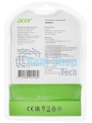 Мышь проводная Acer OMW012 черный/красный, 1200 dpi, USB, кнопки - 3