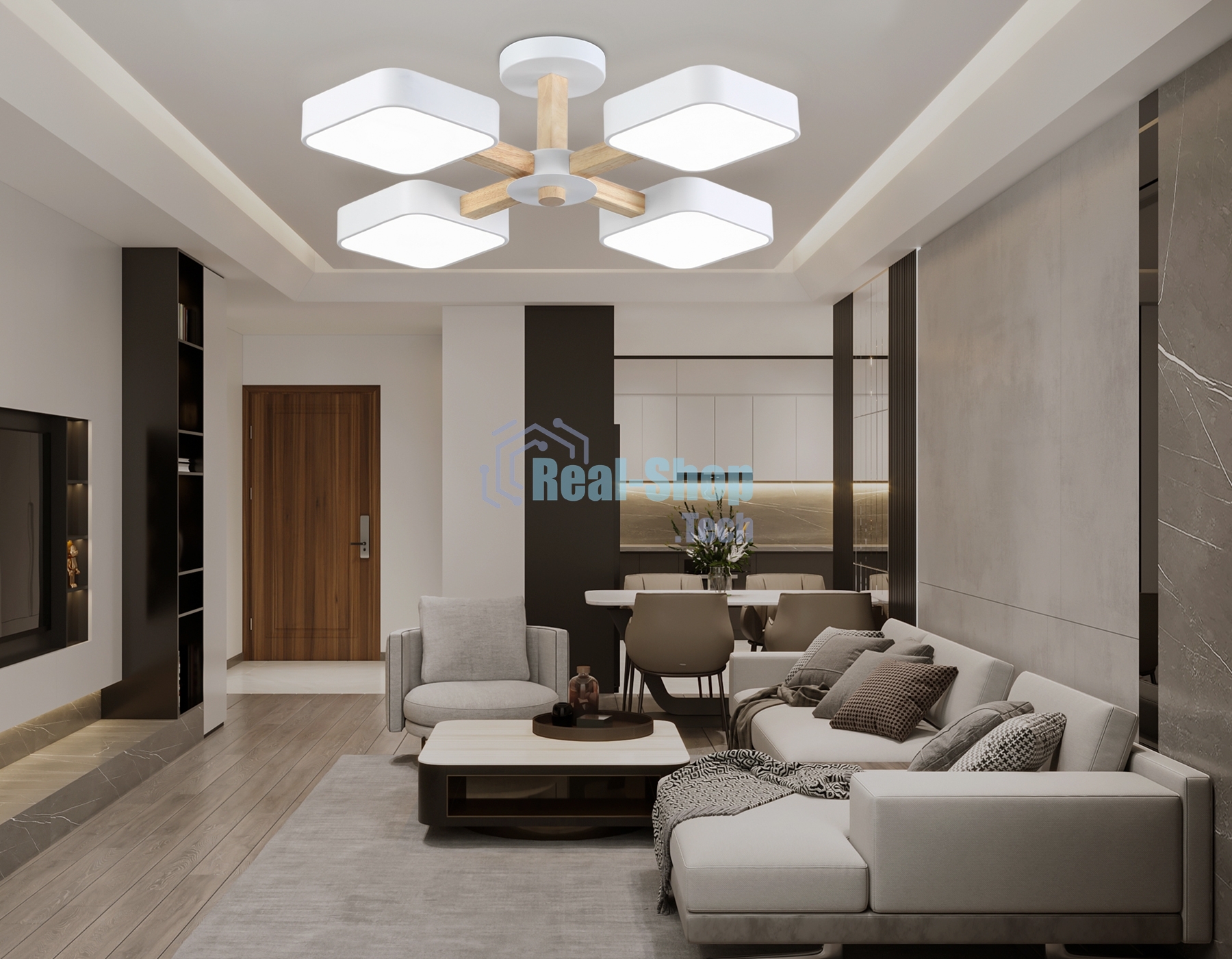 Светильник Ambrella light FL4879/4 WH/WD белый/дерево 72W 3000-6000K D610*160 (без ПДУ)