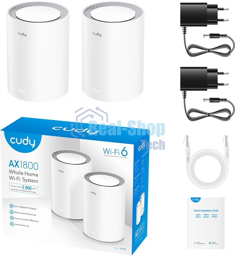 Бесшовный Mesh роутер Cudy M1800 (M1800 2-PACK) AX1800 10/100/1000BASE-TX/Wi-Fi белый (упак.:2шт)