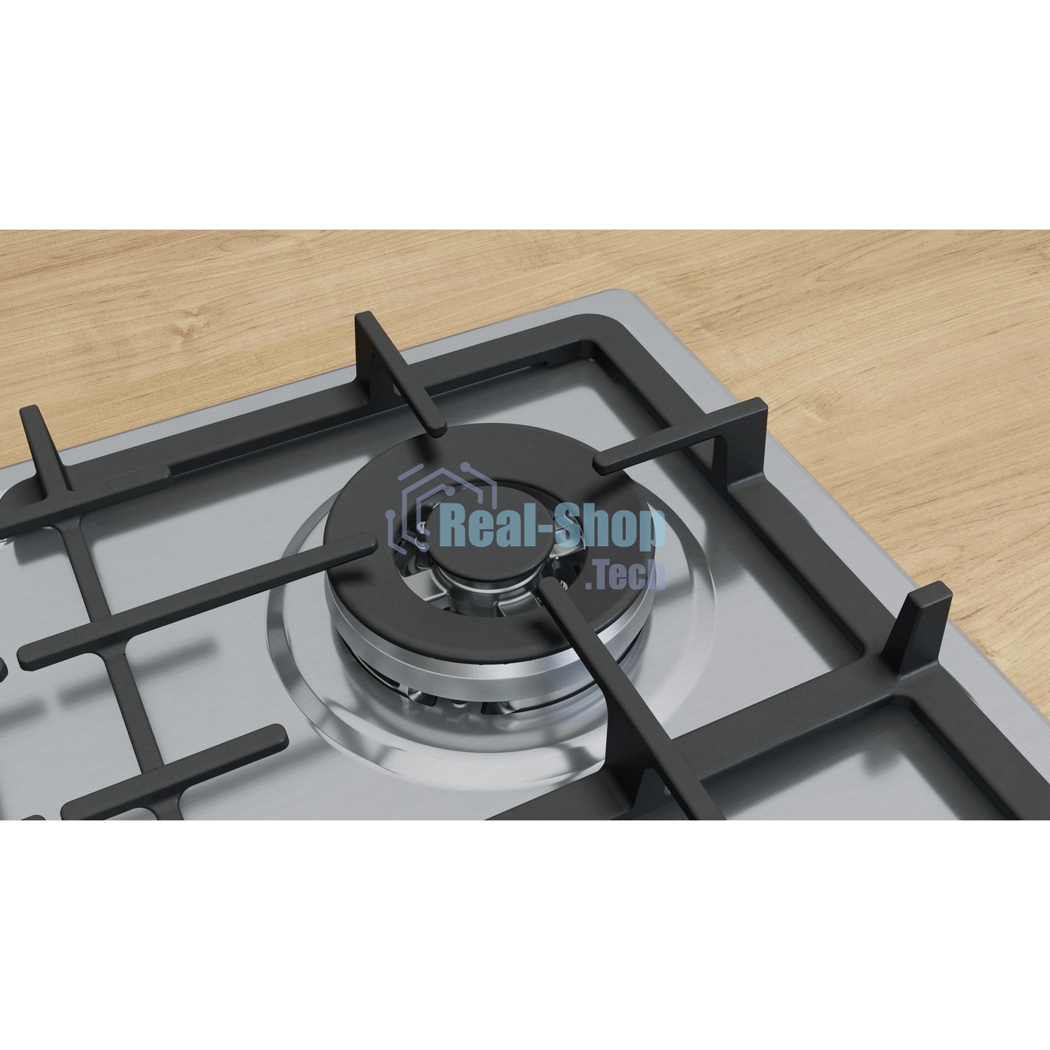 Газовая варочная панель Bosch PGH6B5K90R Serie 4, 60см, нержавеющая сталь, 4 конфорки,1 WOK-конфорка c 2 контурами пламени, составные чугунные решетки, газ-контроль, автоматический электроподжиг, сделано в Испании