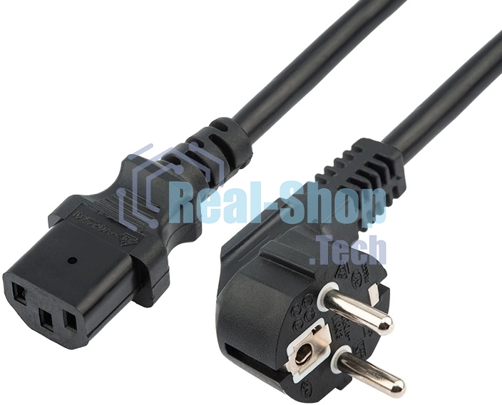 Шнур сетевой Rexant евровилка угловая - евроразъем С13, кабель 3x1,5 мм², длина 1,5 м., черный (PVC пакет)