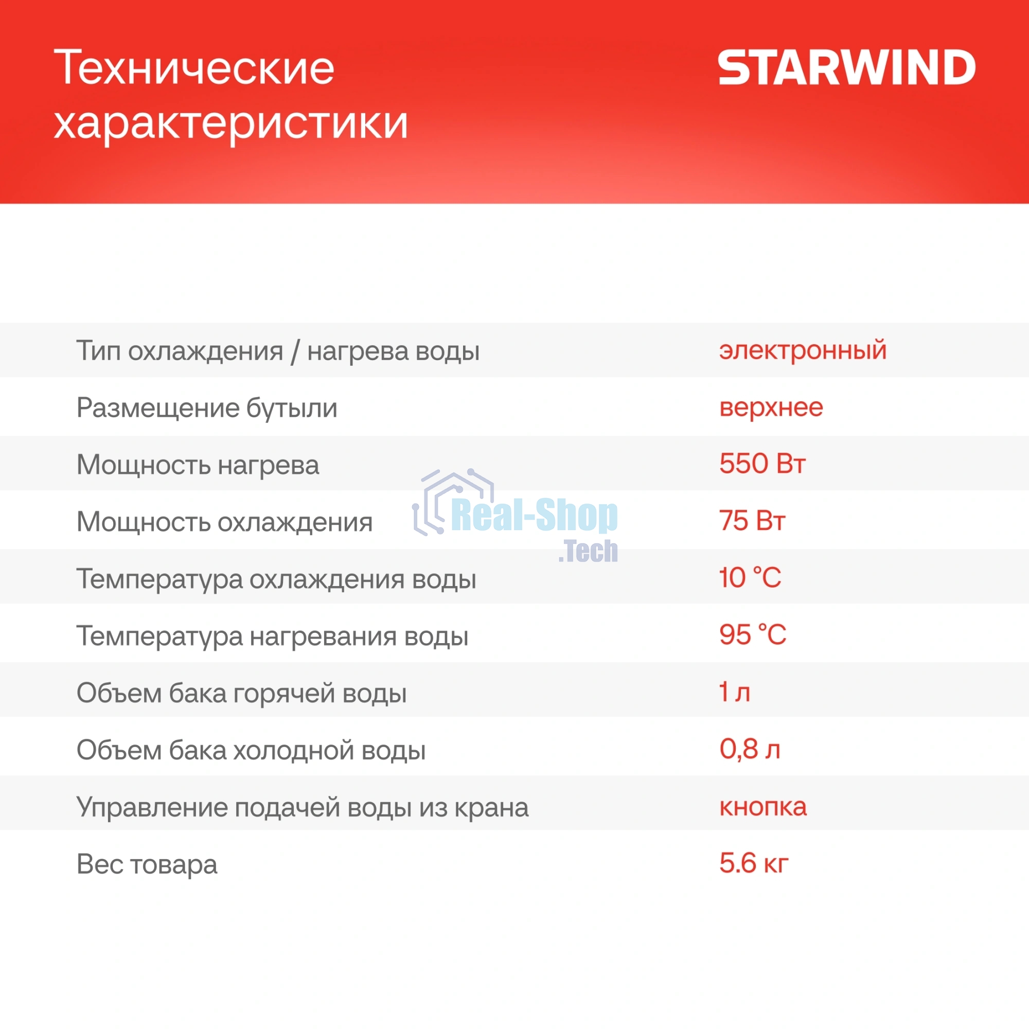 Кулер для воды Starwind SW-1005TEW, верхняя загрузка, нагрев 95 °С, охлаждение 10 °С, черный