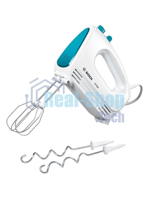 Миксер Bosch MFQ2210D, 375 Вт, белый/ голубой, 4 скорости+ импульс.режим, 2 крюка+ 2 венчика