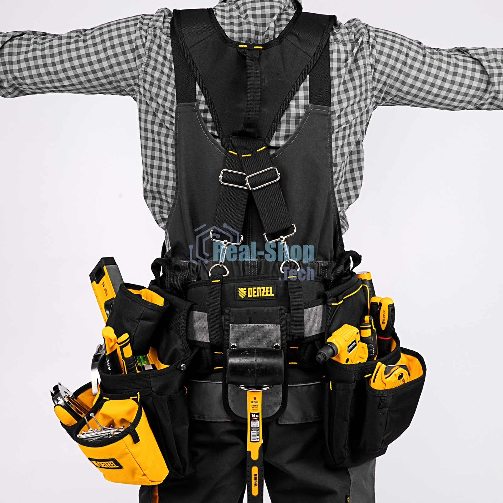 Пояс монтажника усиленный Denzel с лямками, сумки поясные, держатель для молотка