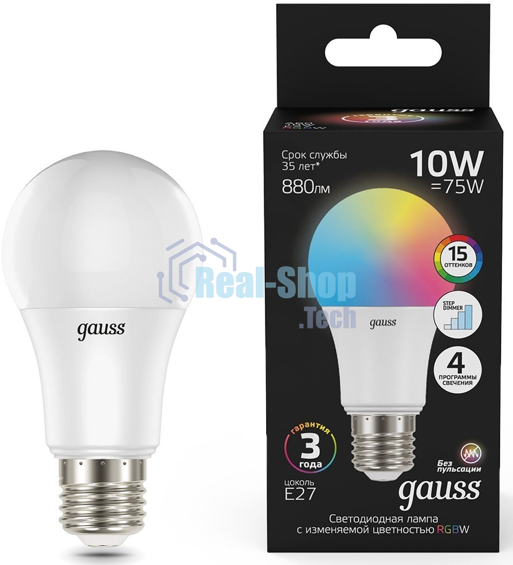 Лампа Gauss A60 10W E27 RGBW димирование LED 1/50