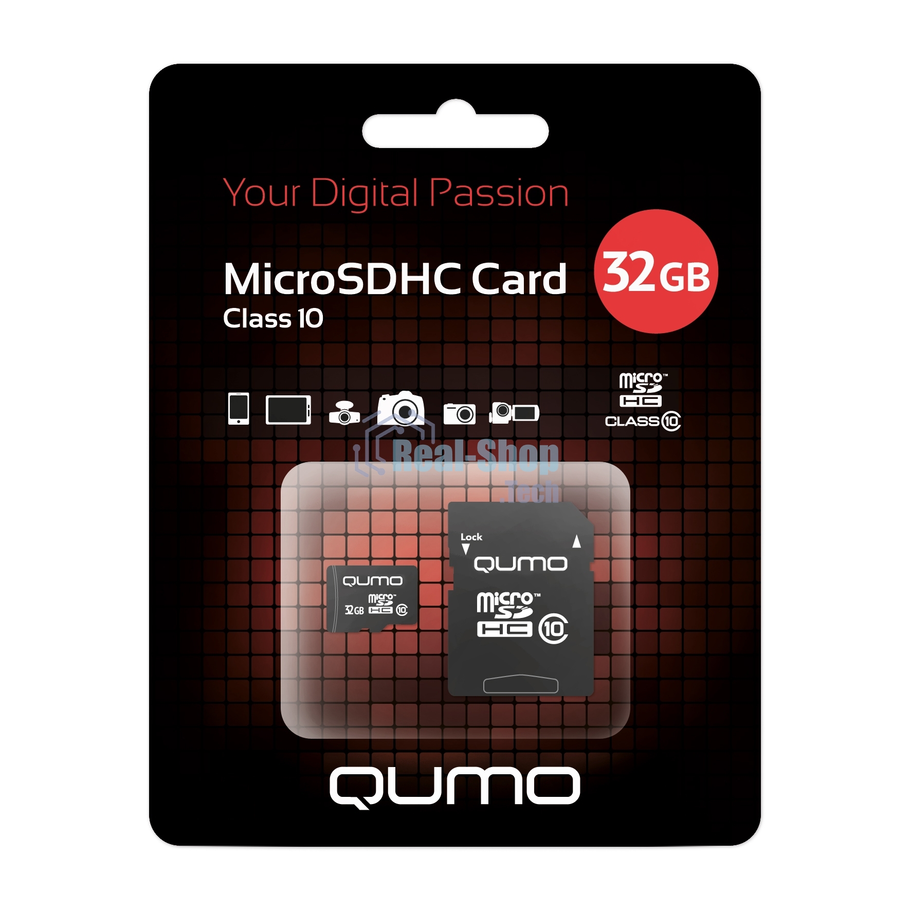 Флеш карта QUMO MicroSDHC 32Gb Сlass 10, адаптер в комплекте SD, черно-красная картонная упаковка
