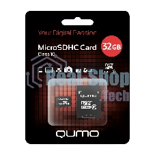 Флеш карта QUMO MicroSDHC 32Gb Сlass 10, адаптер в комплекте SD, черно-красная картонная упаковка