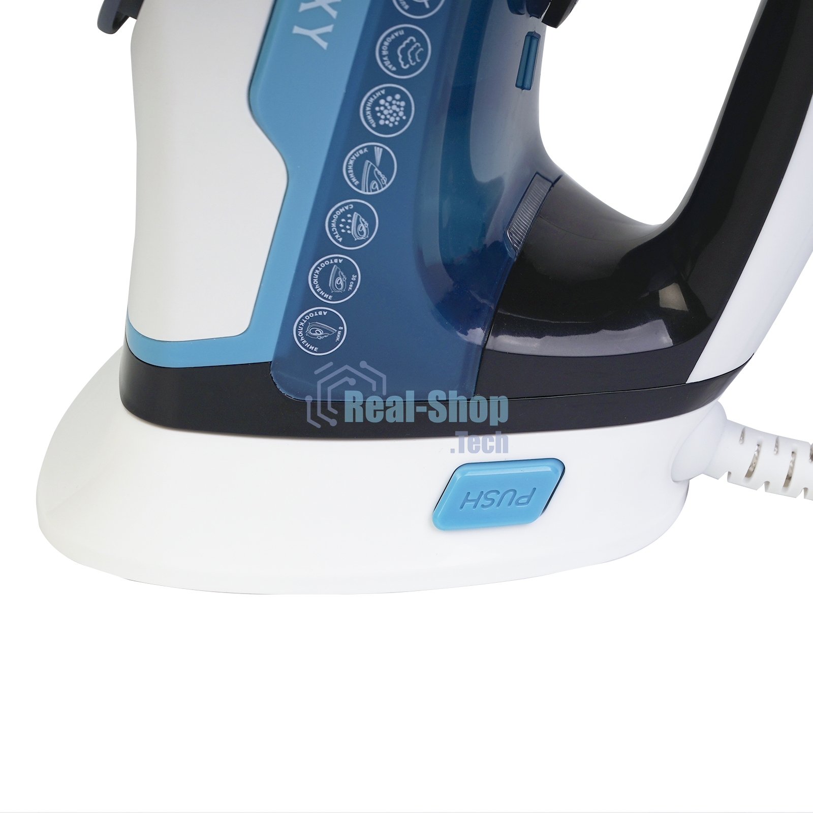 Утюг беспроводной Galaxy GL 6151, белый с голубым, паровой, 2200 Вт, функции: автоотключение, самоочистка, антикапля, антинакипь, функция увлажнения, вертикальное отпаривание, индикатор нагрева, защита от перегрева, резервуар для воды 320 мл, керамическое