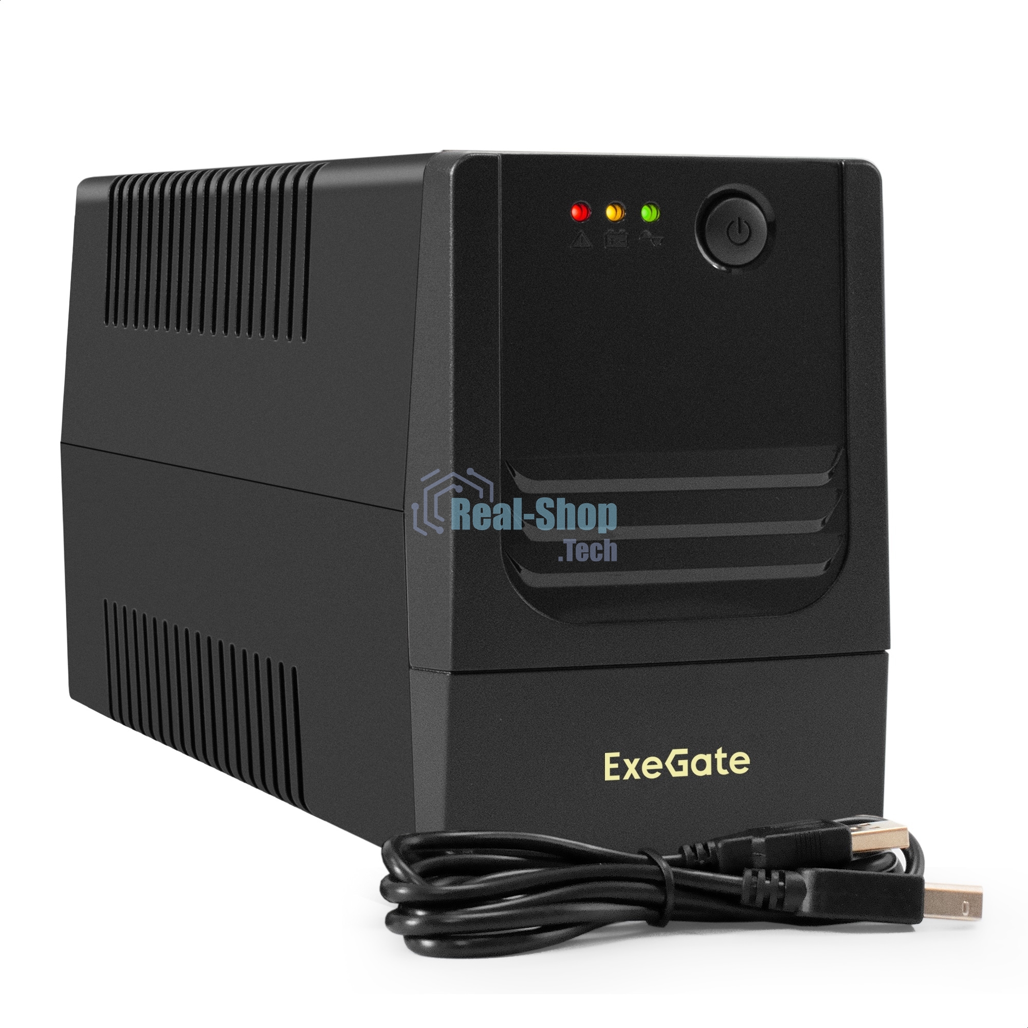 Источник бесперебойного питания ExeGate Power NB-650.LED.AVR.2SH.USB (650VA/390W, LED, AVR, 2*Schuko, USB, батарея 12V 7Ah, черный)