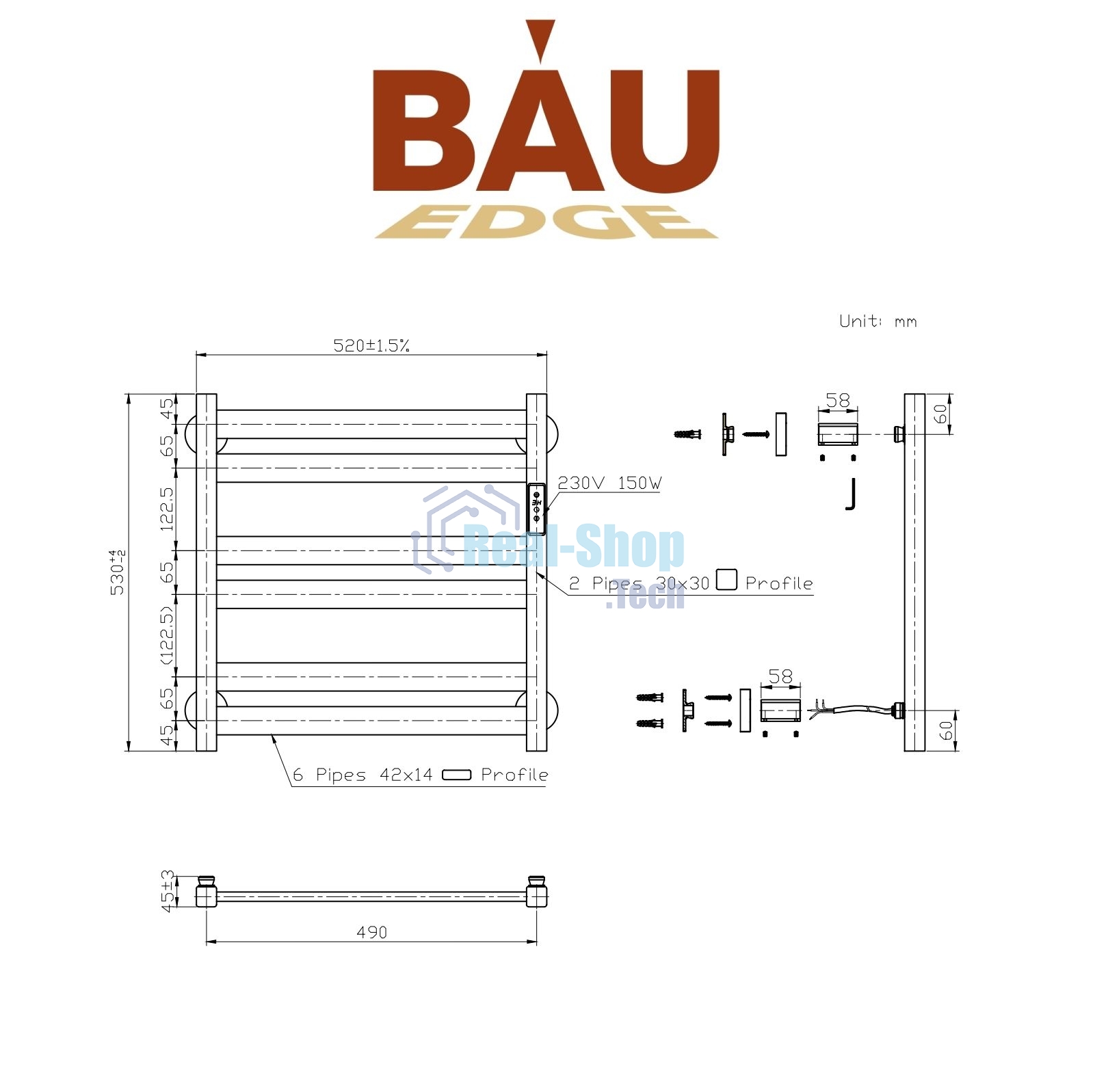 Полотенцесушитель дизайнерский электрический BAU Elite Black 53х52, подключение справа, черный матов