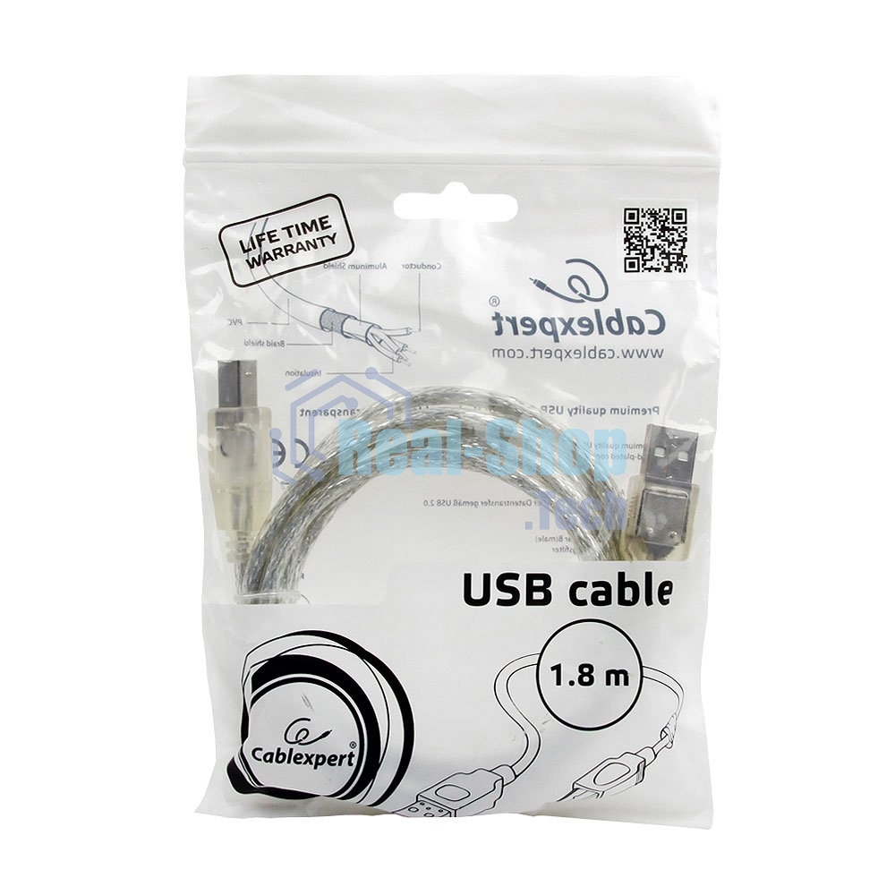 Кабель USB2.0 Pro Cablexpert CCF-USB2-AMBM-TR-6, AM/BM, 1,8м, экран, феррит.кольца, прозрачный, пакет