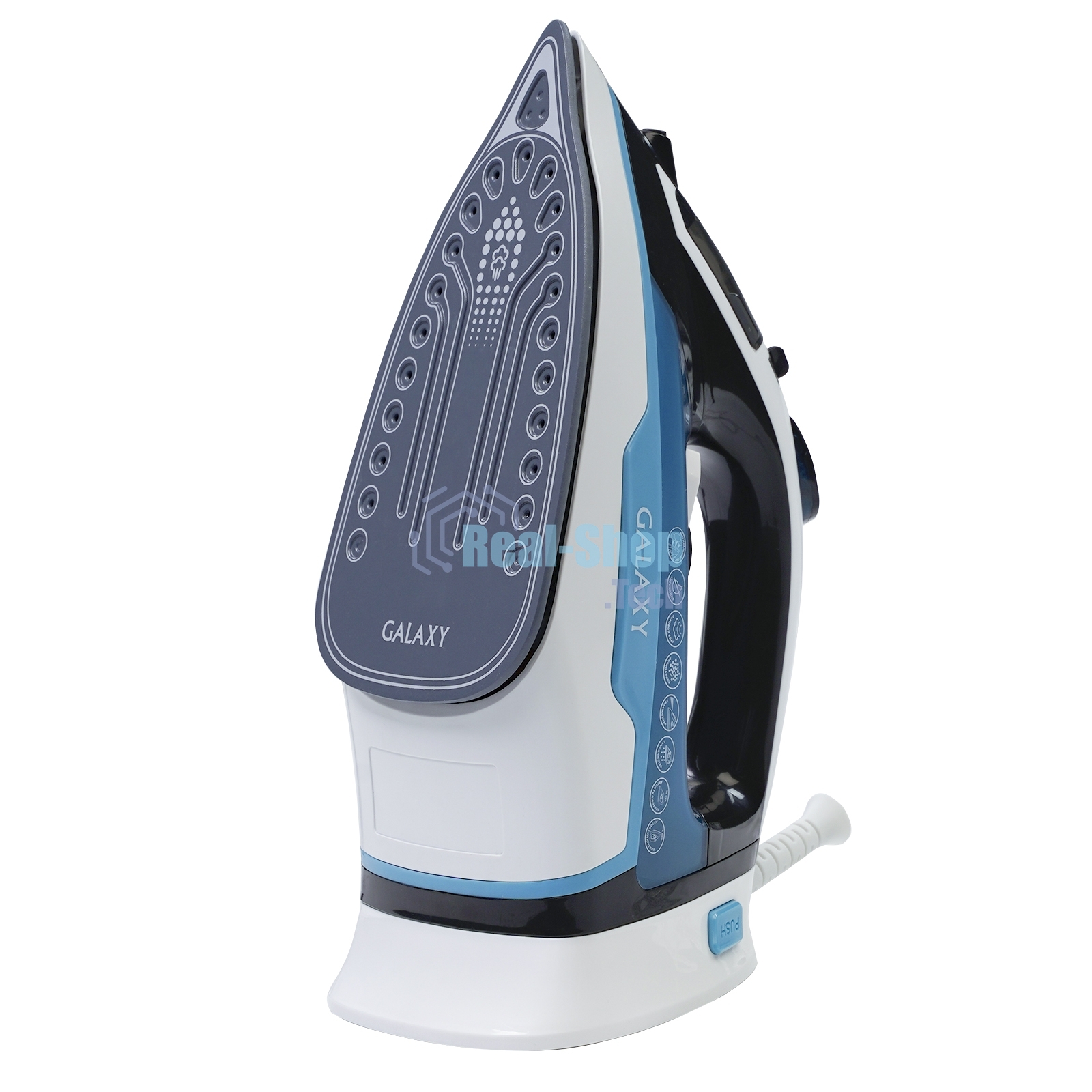 Утюг беспроводной Galaxy GL 6151, белый с голубым, паровой, 2200 Вт, функции: автоотключение, самоочистка, антикапля, антинакипь, функция увлажнения, вертикальное отпаривание, индикатор нагрева, защита от перегрева, резервуар для воды 320 мл, керамическое