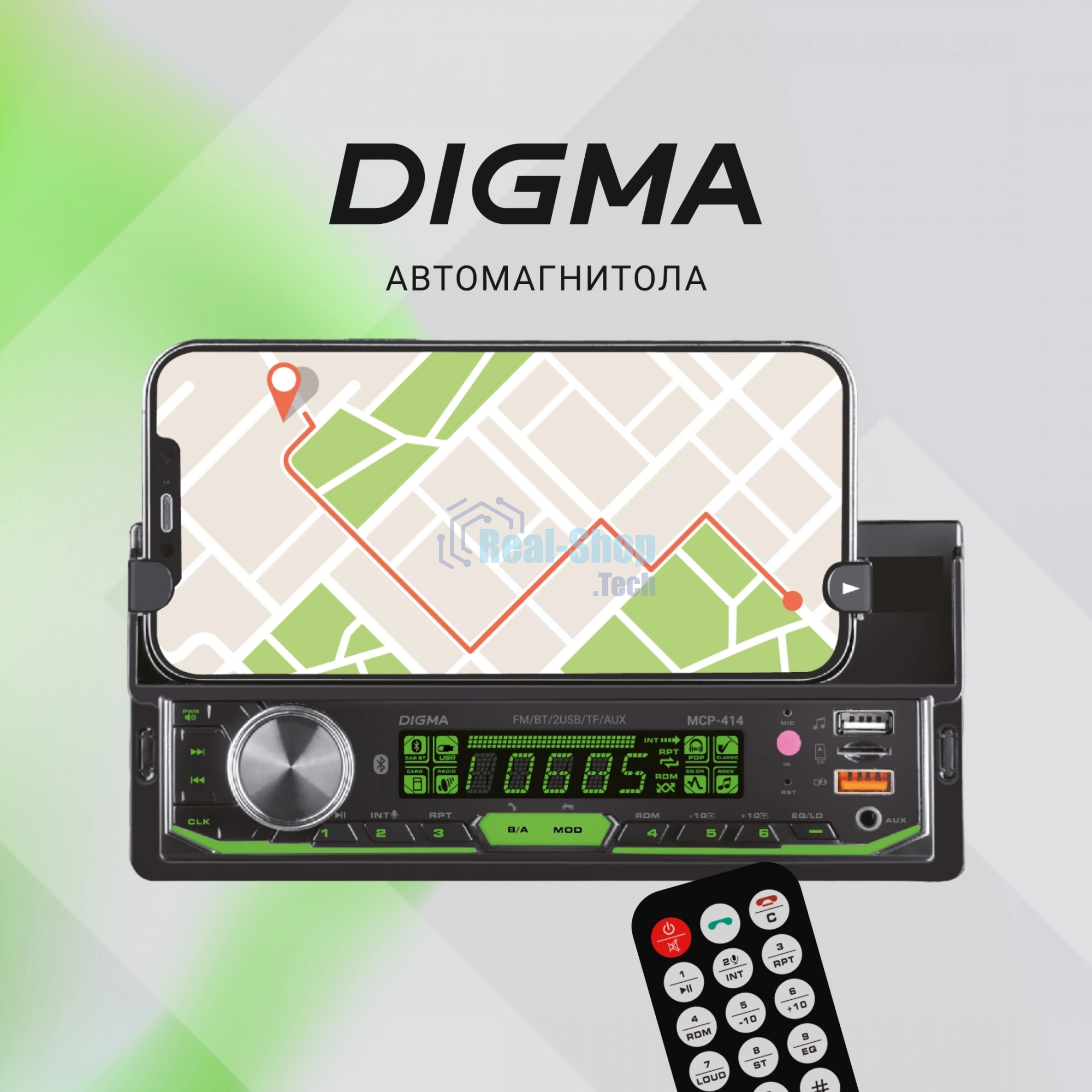Автомагнитола Digma MCP-414, 1 DIN, Bluetooth, USB Type-A, AUX, пульт ДУ