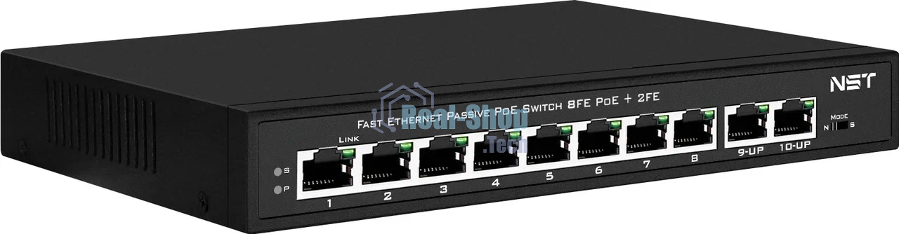 Kоммутатор Passive PoE NST NS-SW-8F2F-P/A - Fast Ethernet на 10 портов. Порты: 8 х FE (10/100 Base-T, 52V 4,5(+) 7,8(–)) совместимы с PoE (IEEE 802.3af/at), 2 x FE (10/100 Base-T) Uplink. Мощность PoE на порт - до 30W.