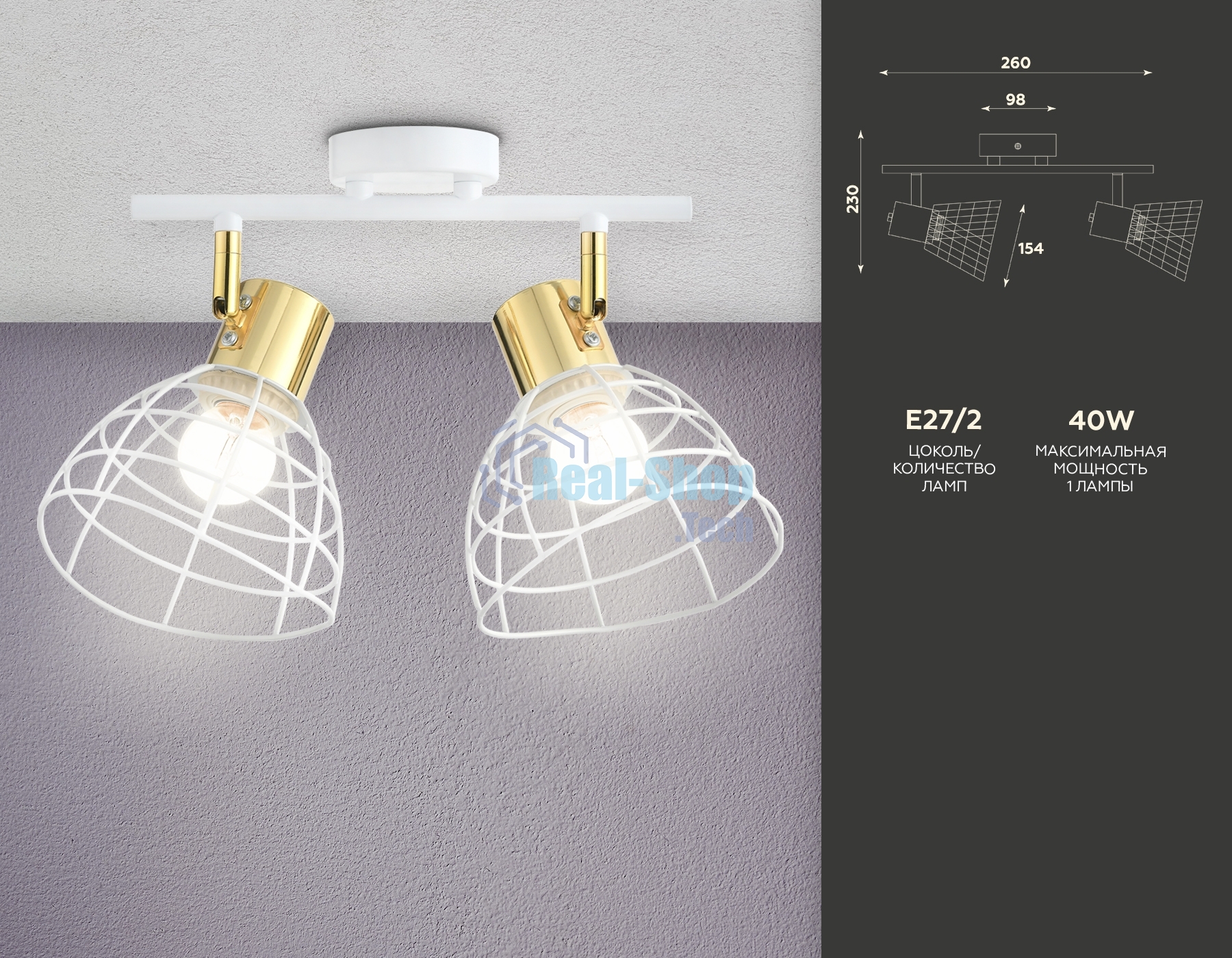 Светильник Ambrella light TR8601/2 WH/GD белый/золото E27*2 max 40W 260*154*230