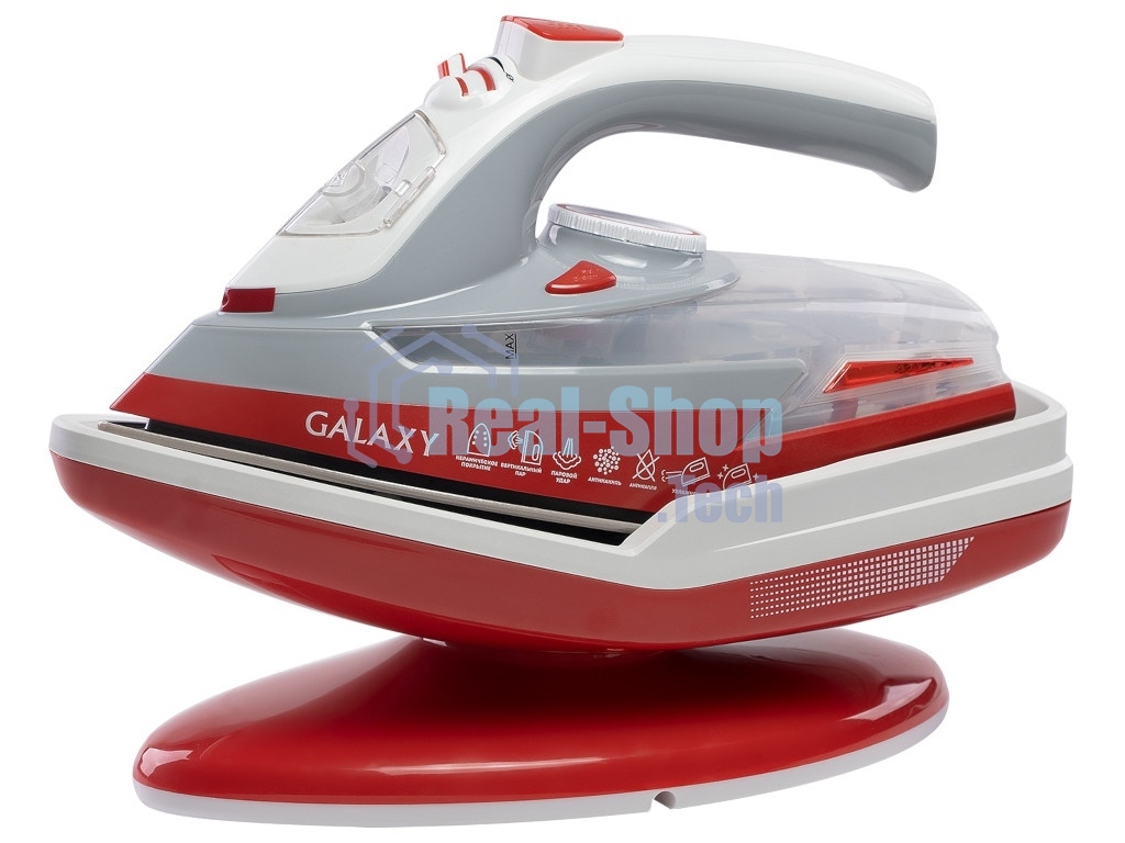 Утюг Galaxy Line GL 6150, красный с белым, паровой, 2200 Вт, постоянный пар 45 г/мин, паровой удар 170 г/мин, функции: самоочистка, антикапля, антинакипь, функция увлажнения, вертикальное отпаривание, индикатор нагрева, защита от перегрева, подставка для зарядки, керамическое покрытие подошвы, резервуар для воды 320 мл