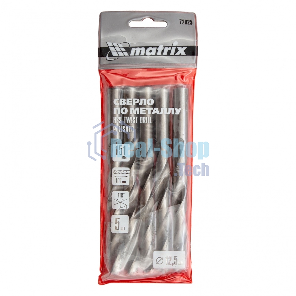Сверло по металлу Matrix, 12,5 мм, полированное, HSS, 5 шт. цилиндрический хвостовик