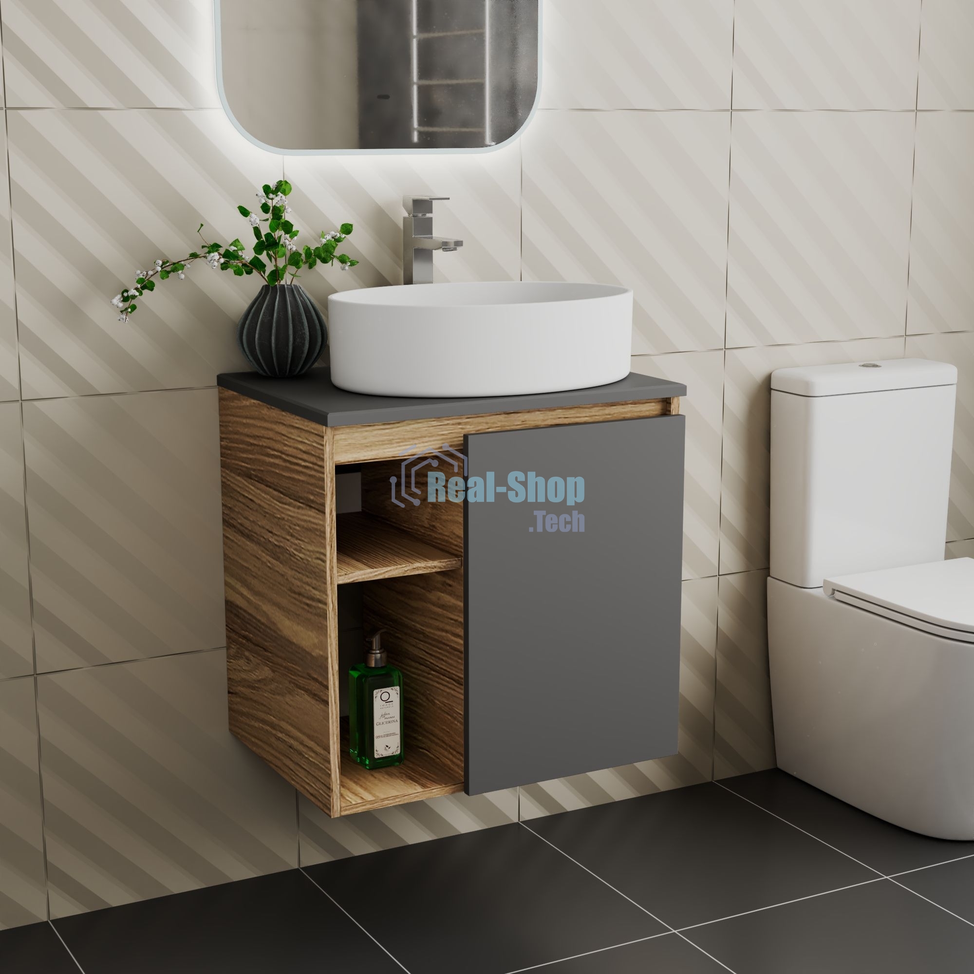 Тумба Bau Dream Blackwood 60 правая, графит, раковина BAU Nimb 50х36, смеситель для раковины высокий Hotel Still, нержавеющая сталь