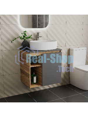 Тумба Bau Dream Blackwood 60 правая, графит, раковина BAU Nimb 50х36, смеситель для раковины высокий Hotel Still, нержавеющая сталь