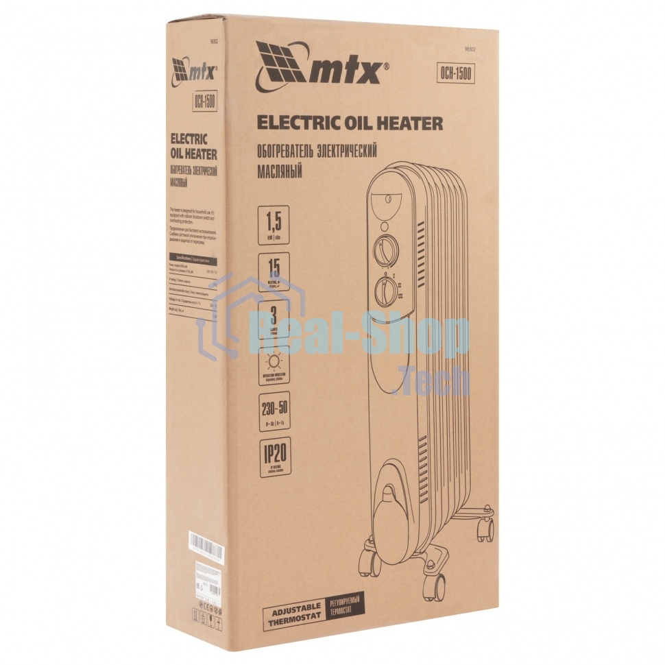 Обогреватель масляный MTX OCH-1500, белый, 1500 Вт, 15 м2, термостат