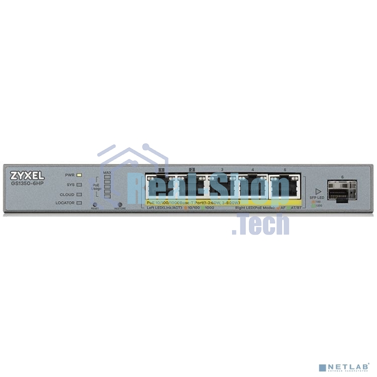 Коммутатор Zyxel GS1350-6HP, 4xGE PoE+, 1xGE PoE++ (802.3bt), 1xSFP, бюджет PoE 60 Вт, дальность передачи питания до 250 м, автоперезагрузка PoE-портов, повышенная защита от перенапряжений и электростатических р