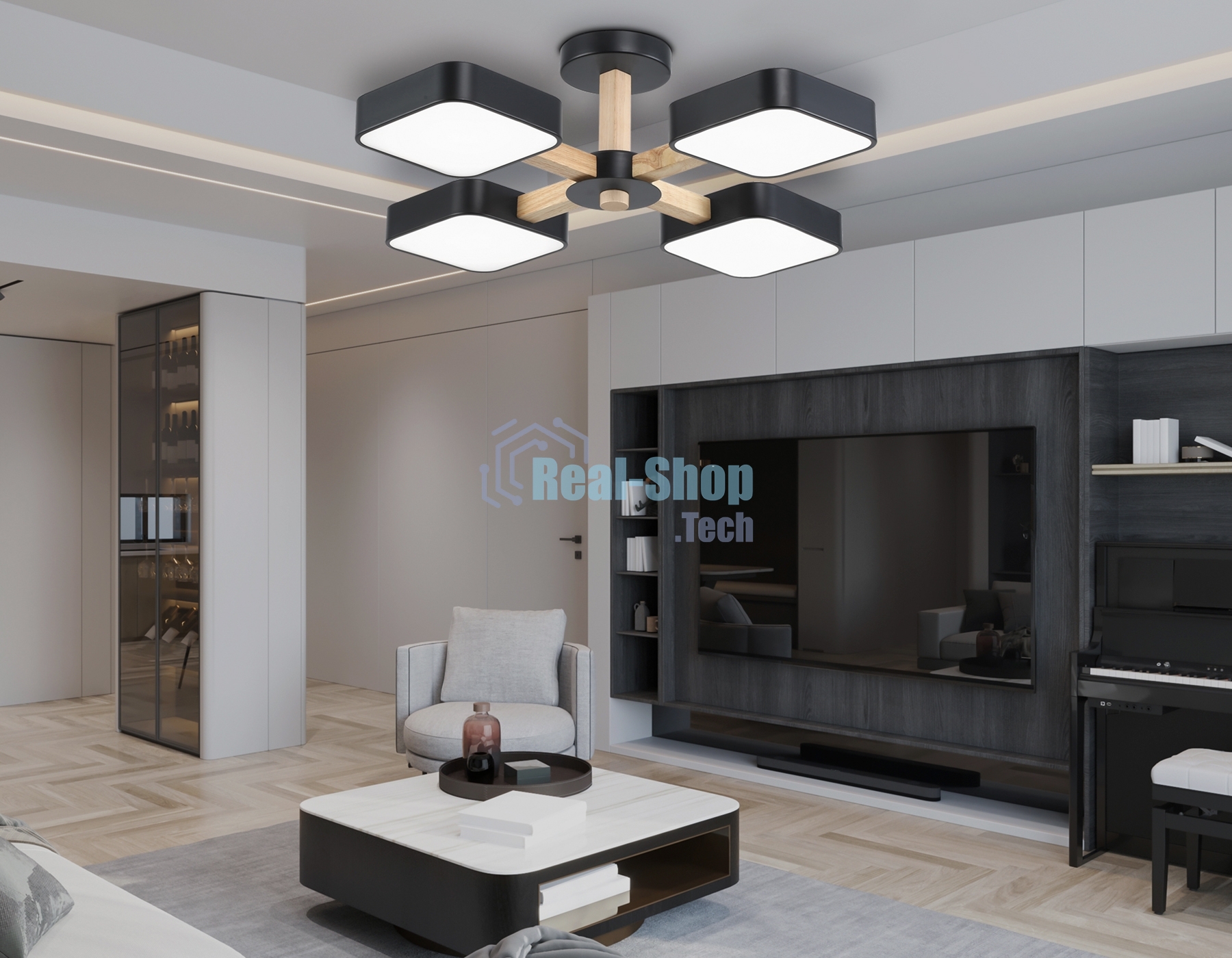 Светильник Ambrella light FL4880/4 BK/WD черный/дерево 72W 3000-6000K D610*160 (без ПДУ)