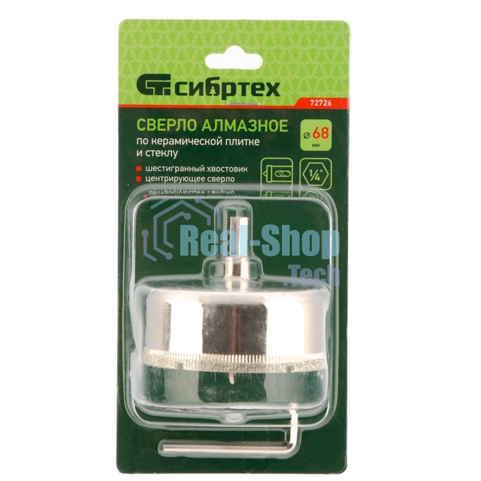 Сверло по керамической плитке и стеклу Сибртех, 68 х 55 мм, 6 гр.хв-к, с центр. сверлом