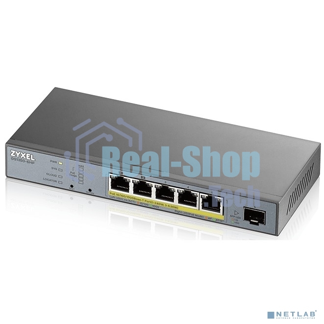 Коммутатор Zyxel GS1350-6HP, 4xGE PoE+, 1xGE PoE++ (802.3bt), 1xSFP, бюджет PoE 60 Вт, дальность передачи питания до 250 м, автоперезагрузка PoE-портов, повышенная защита от перенапряжений и электростатических р