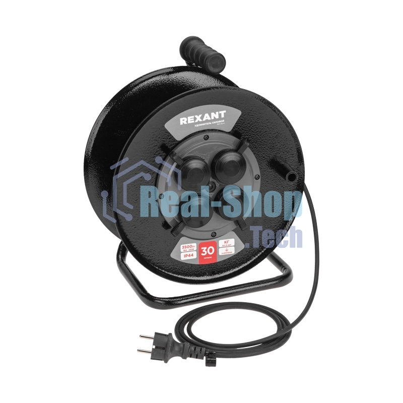 Удлинитель силовой Rexant КГ на катушке 4 гнезда, с/з, 30 м, 3х1,5 мм², IP44 c защитными крышками, металлическая катушка