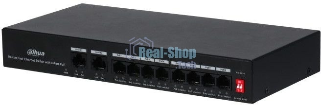 Коммутатор Dahua DH-PFS3010-8ET-65, 8×100 Мбит/с + 2×100 Мбит/с, неуправляемый