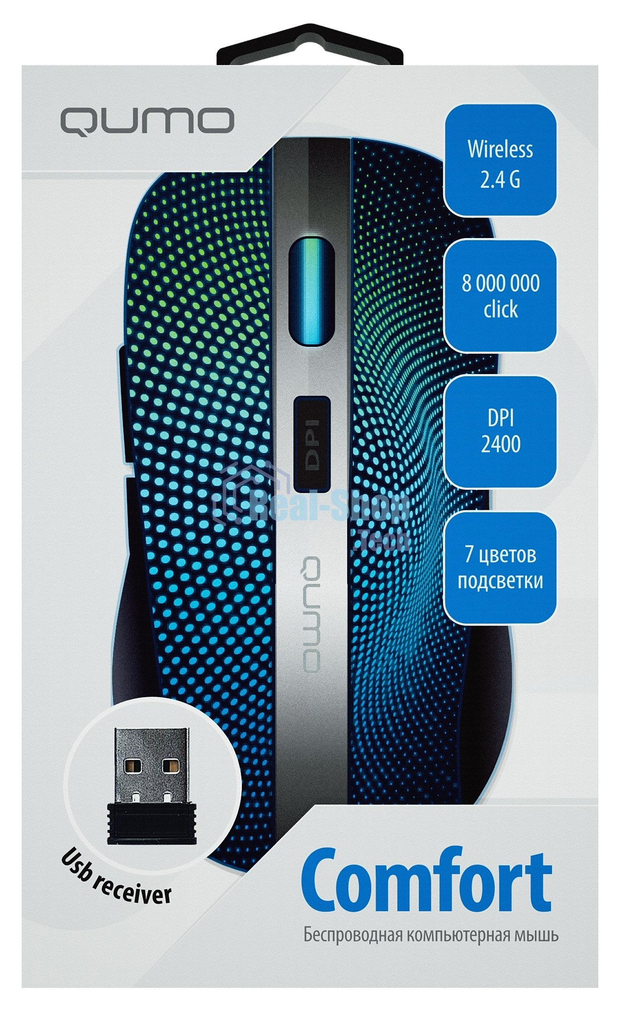 Мышь беспроводная Qumo Comfort M18 черный, 2400 dpi, радиоканал, USB, кнопки - 6
