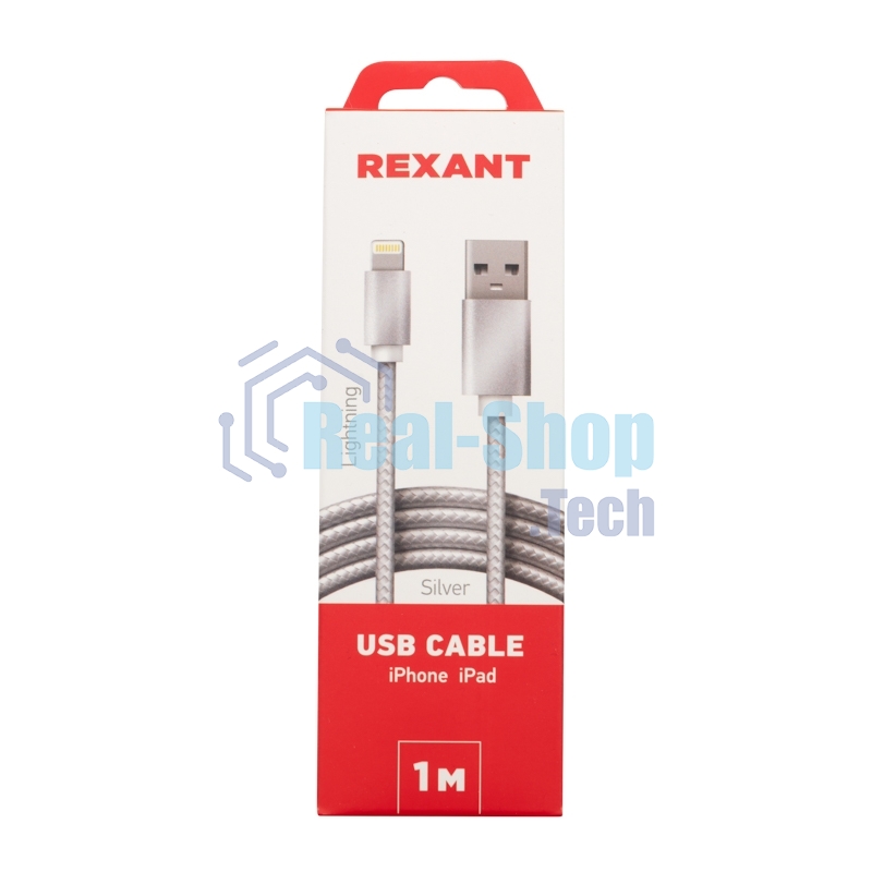 Кабель Rexant USB-Lightning 1 м, серебристая нейлоновая оплетка