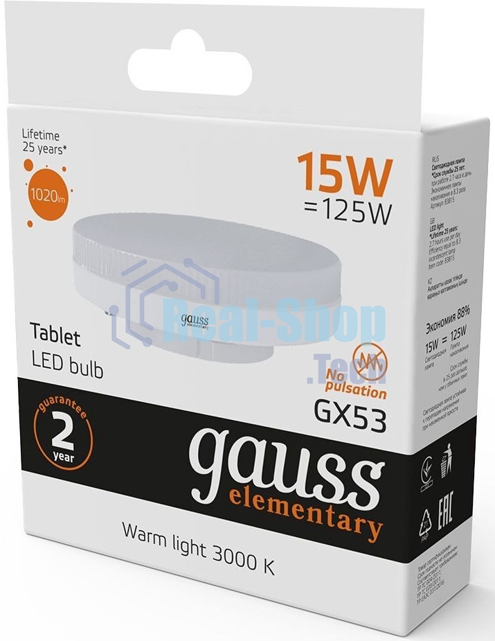 Лампа cветодиодная LED Gauss Elementary GX53 15W 1020lm 3000K 83815