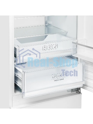 Встраиваемый холодильник Kuppersberg RBN 1760, High-Tech, объем 237 л, скользящий фасад, электронное управление, No Frost, антибактериальный пластик, звуковой сигнал при открытой дверце, перенавешиваемые двери, LED освещение, уровень шума 41 дБ, энергоэффективность А+, белый