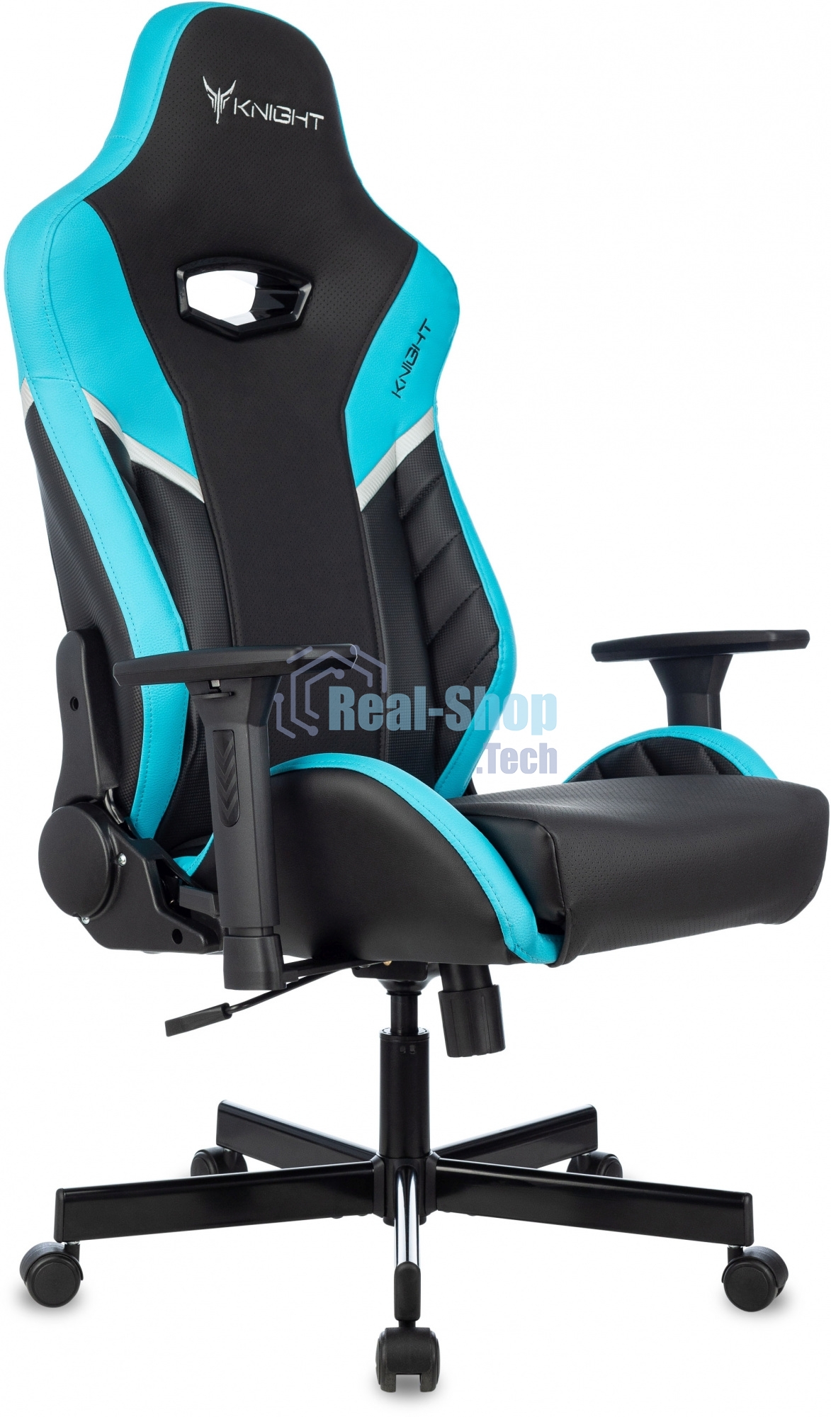 Кресло игровое Knight Thunder 5X черный/голубой эко.кожа крестов. металл