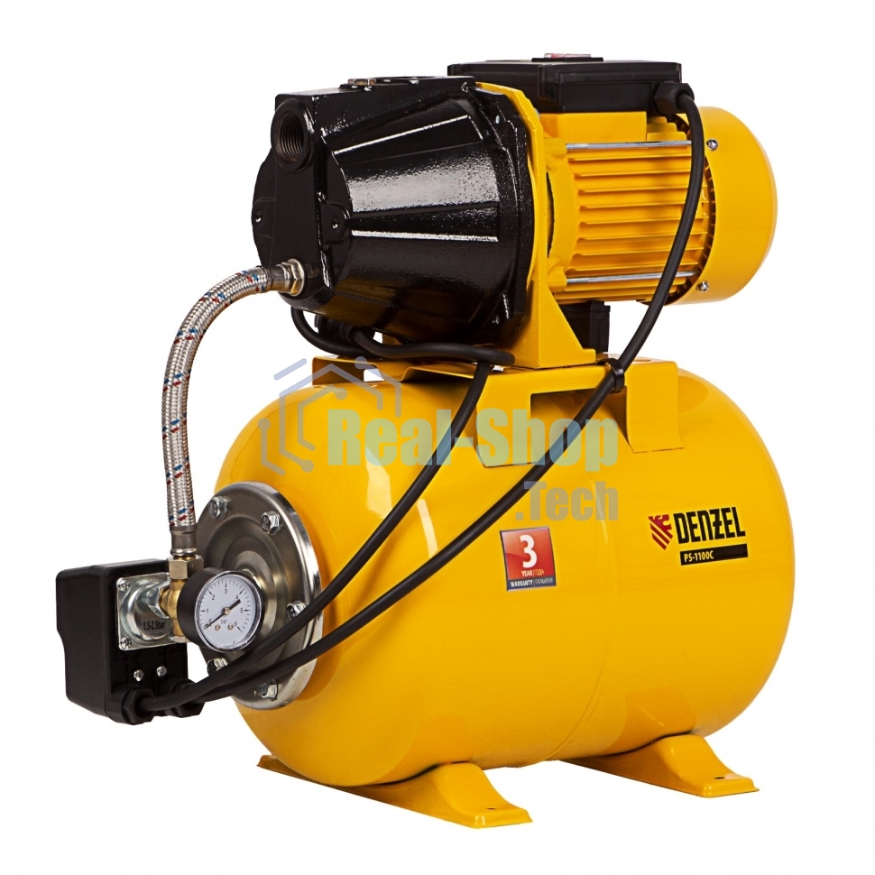 Насосная станция Denzel PS1100С 1100 Вт, 4500 л/ч, ресивер 24 л, подъем 46 м, чугун