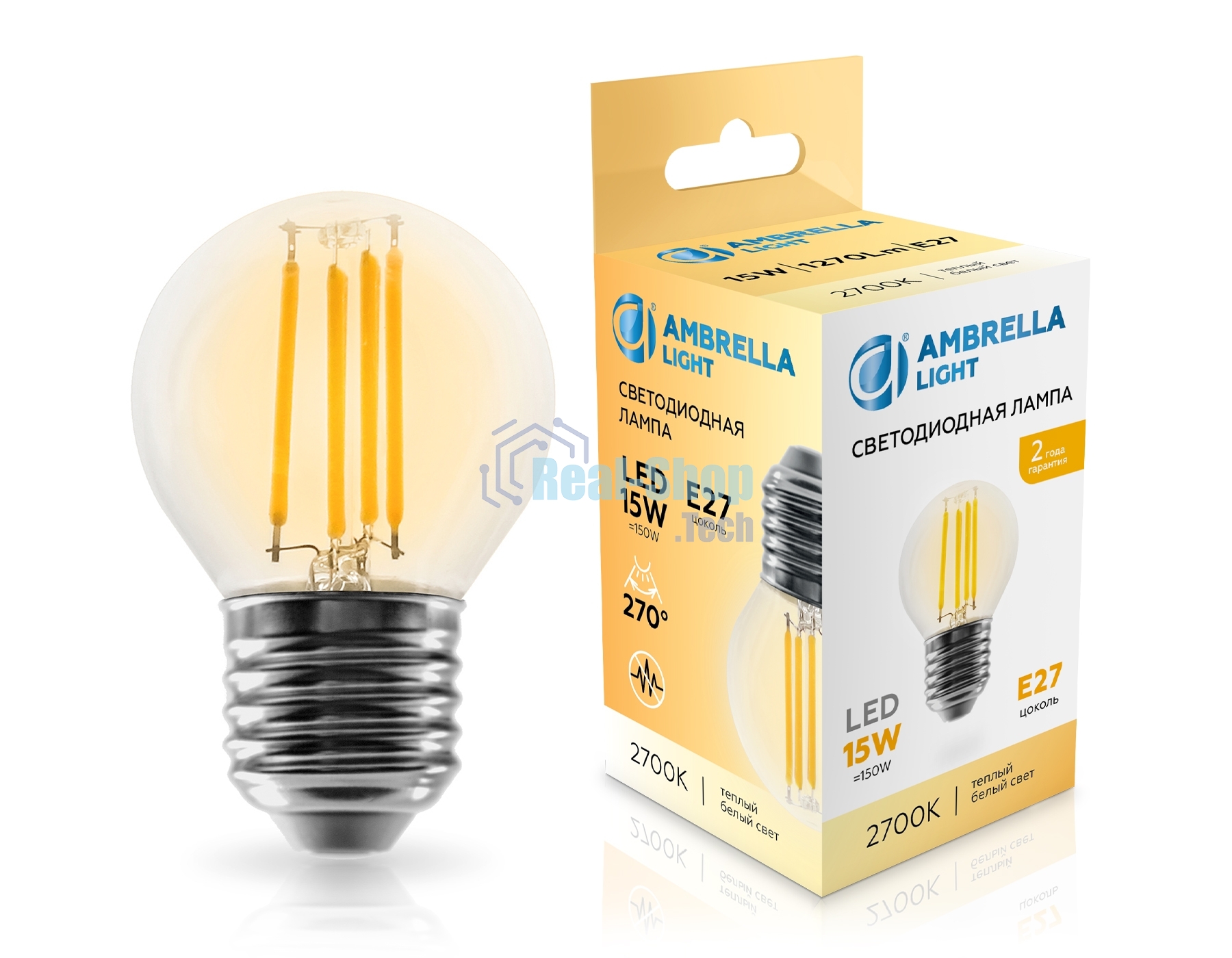 Лампа светодиодная 451523 Filament LED G45 15W E27 2700K 220-240V