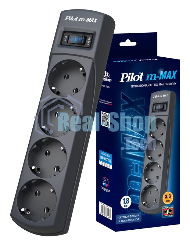 Сетевой фильтр ZIS (Pilot) m Max 4 розетки (евро с заземлением), 15А/3.3 кВа, автомат, 1.8 м, серый графит Surge protector Pilot m Max 4 euro outlets, 15А/3.3кВа, 1.8m