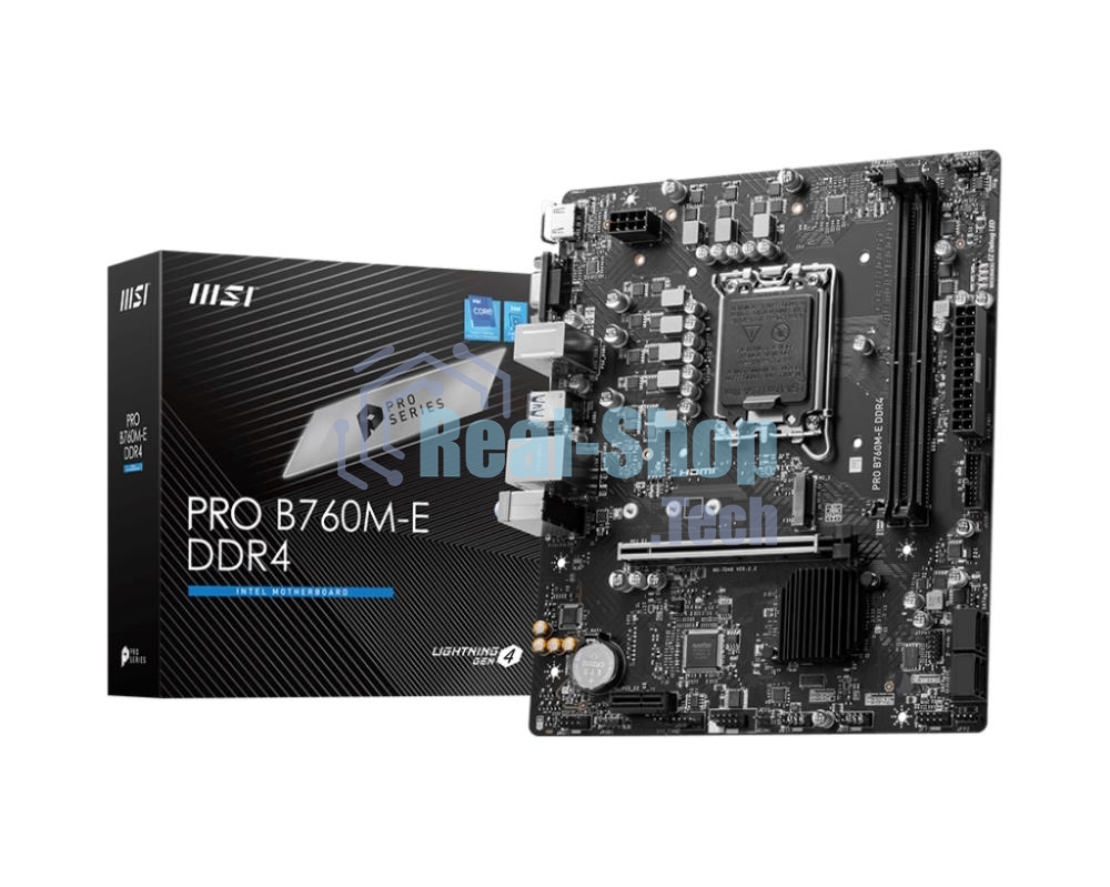 Материнская плата MSI PRO B760M-E DDR4, LGA 1700, Intel B760, 2xDDR4, 4xSATA, 1xM.2, 1xPCIe 4.0 x16, 1xPCIe 4.0 x1, 1xHDMI, 1xVGA, 1x1Gb LAN, 2xUSB-A 3.2 Gen 1, 4xUSB-A 2.0, 3x3.5 мм, 7.1, mATX